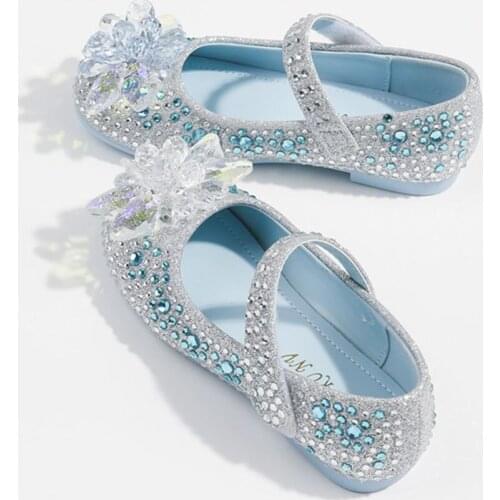 Girl Fashion Princess Shoes Children Autumn Sequined Blue Silver Rhinestone Crystal Shoes Baby Girl Shoes 4-16 Years