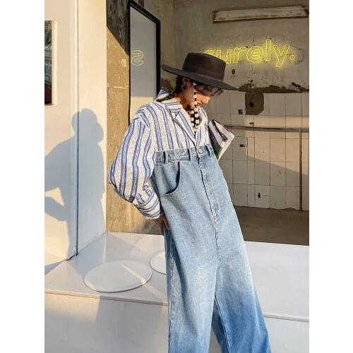 European Spring New Suit Collar Long Sleeve Blue and White Stripes Stitching Denim Loose Jumpsuits Women Fashion Streetwear 2021
