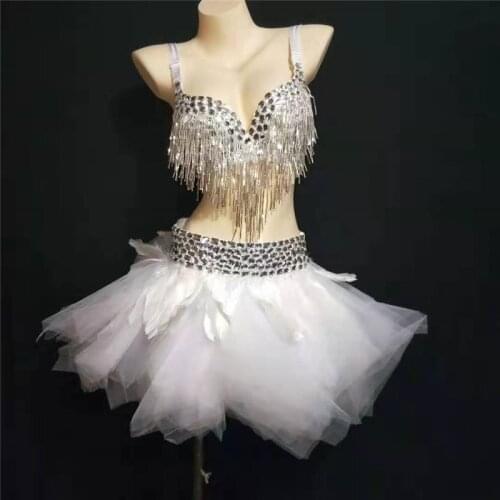 Y65 Ballroom dance tutu dress stage costumes singer wears mesh feather short skirt sexy tassel bikini bra party clothe outfit dj