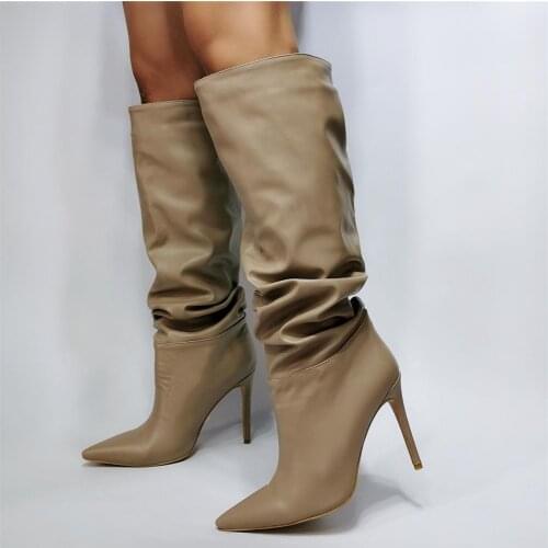 2021 Autumn Winter Pleated Leather Women Knee High Boots Pointed Toe Boots Ladies Long Block High Heel Boots size 45 46 47