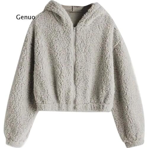 Hoodies Women Plush Coat Autumn Winter Solid Faux Lamb Fur Sweatshirts Long Sleeve Collar Zipper Solid Pullovers Warm Tops