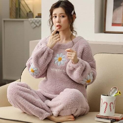 Womens pajamas Suit Winter Flannel Plus Velvet Lingerie Thick Warm Pajamas Set Homewear Pullover Long-sleeve Trousers Nightwear