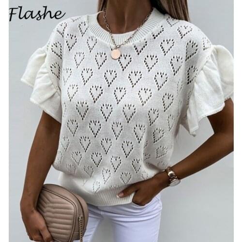 New Womens Pure Color Heart-Shaped Hollow Petal Sleeve Knitted Short Sleeve Top Womens Love Pattern Elegant Top T-shirt 2021
