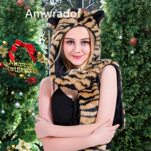 Winter Hats For Women Hat Scarf Glove-In-One Imitating Fur Sweatshirts