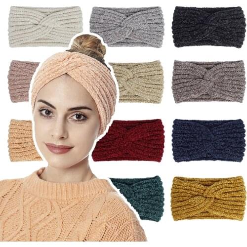 Winter Solid Color Wide Turban Knitted Headband Hair Band Warm Ears For Women Cross Knot Chenille Hairband Hair Accessories