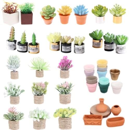 1/12 Dollhouse Miniature Potted Succulent Green Plants Flower Model Flower Pots Accessories For Dollhouse Home Garden Decoration
