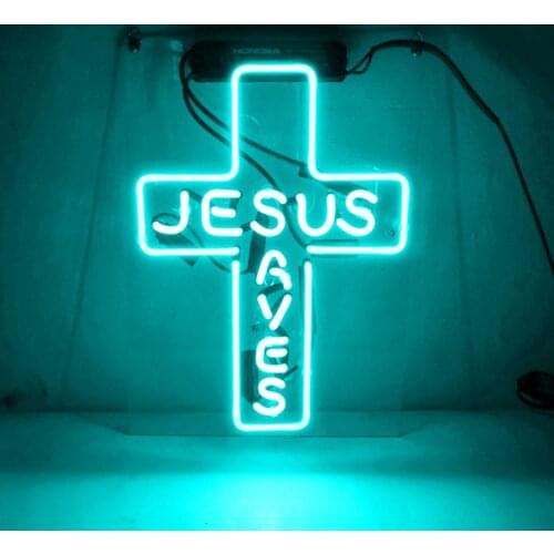 14"x10" Jesus Saves Christ Cross Aqua Blue Acrylic Custom Neon Light Lamp Sign Beer Bar Handmade Real Glass Home Wall Room Decor