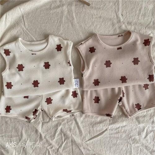 2021 New Summer Sleeveless Baby Clothes Set Cotton Comfortable Waffle Tops + Shorts 2pcs Boys Bear Clothes Children Cartoon Suit