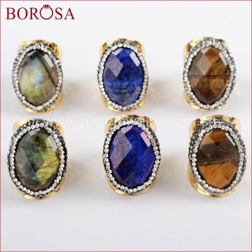 BOROSA 5Pcs Wholesale New Fashion Druzy Gold Color Rhinestone Lapis Lazuli Stone Oval Gem-stone Ring JAB931