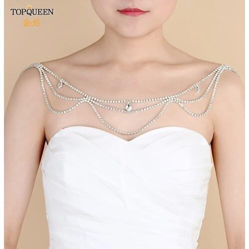 TOPQUEEN G01 Plus Size Necklace Crystal Beaded Shoulder Ornament Neck Decoration A Word Shoulder Wedding Jewelry Sparking Chain