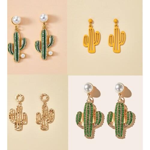 Docona Fashion Cute Green Pearl Cactus Drop Earrings for Women Charm Crystal Hollow Geometric Dangle Earrings Party Jewelry