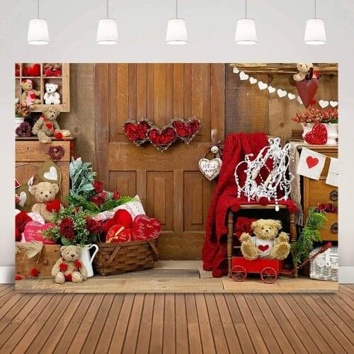 Valentines Day Backdrop Photo Shoot Red Rose Brown Rustic Wood Photography Flowers Bear Love Wedding Background Studio Props