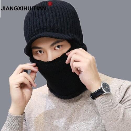 Jiangxihuitian Brand Balaclava Winter Mens Skullies Wool Knitted Balaclava Cap Ninja Mask Thermal Plush Pocket Hat Snow Cap