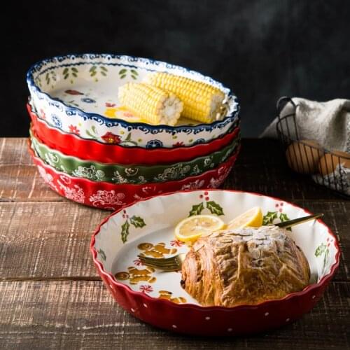 Underglaze Color Technology 10-Inch Deep Plate Pizza Plate Round Ceramic Dish Household Wavy lace Baking Oven Baking Tools