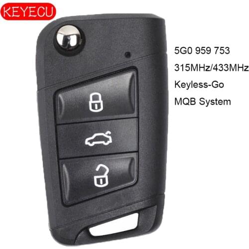 KEYECU Keyless-Go MQB System Smart Remote Key 315MHz OR 434Mhz ID48 for Volkswagen Golf 7,Tiguan 2014-2018 FCC: 5G0 959 753