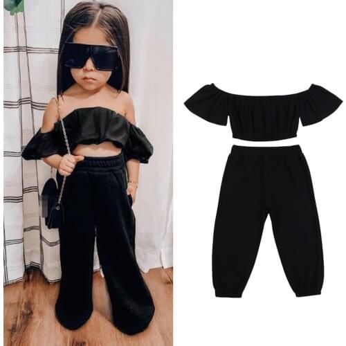Fashion Girls Summer Clothing Sets Toddler Girls Off-shoulder Solid Color Boat Neck Short Sleeve Crop Tops +Long Pants Trousers