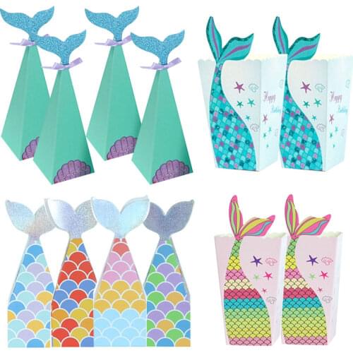 10pcs Little Mermaid Theme Candy Box Gift bag Mermaid Tail Popcorn Boxes Under The Sea BabyShower Girl Birthday Party Favors Box