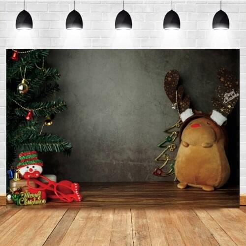 Laeacco Christmas Tree Cartoon Reindeer Gift Cement Wall Baby Birthday Photo Background Photographic Backdrop For Photo Studio
