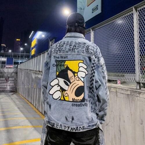 Disney Cartoon Mens Denim Jacket 2021 Tide Brand New Printing Goofy Washed Frayed Loose Wild Hip-hop Casual Jacket