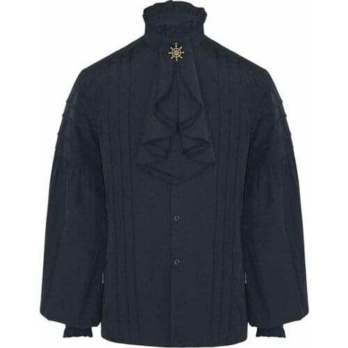 Punk Steam Shirt Men Long Sleeve Solid Color Blouse Man Ruffles Sleeve Court Uniform Tops Winter Button High Collar