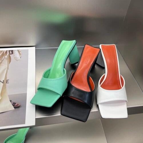 Open Toe Women Slippers Solid Color Thick High Heels Slip On Mules Shoes Ladies Sandals Slides Party Pumps High Quality Size 39