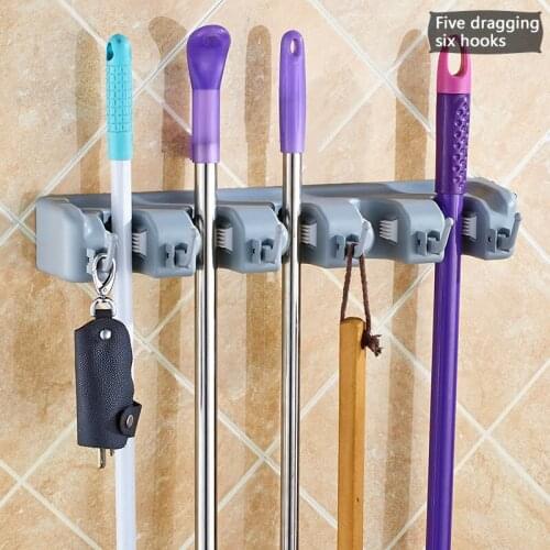 3/4/5 Holes Mop Organizer Holder with Hooks Wall Mounted Kitchen Bathroom Storage Rack Clip Seamless Mop Storage Rack