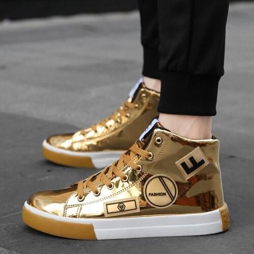 New Mens Shining Gold High-top Board Shoes Pu Leather Casual Luxury Designer Nightclub Party Shoes Breathable Comfy Footwear