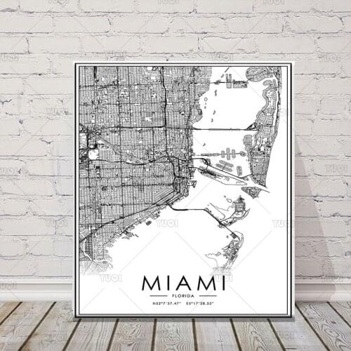 Map print poster canvas poster canvasWorld Map MIAMI Black White MapPoster Picture Home Decor Large Wall Pictures For Living Roo