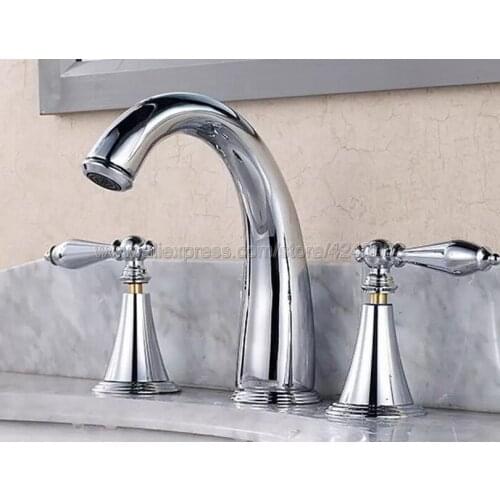 Polished Chrome Widespread Basin Faucet Dual Handle Bathroom Sink Mixer Tap 3 Holes Hot and Cold Water Lavatory Sink Taps Kcy001