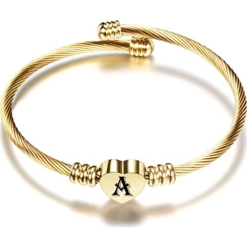 Simple Stainless Steel Gold Color Cable Wire Bangles Color 26 Letters A-Z Titanium Steel Heart Women Bracelet Accessories