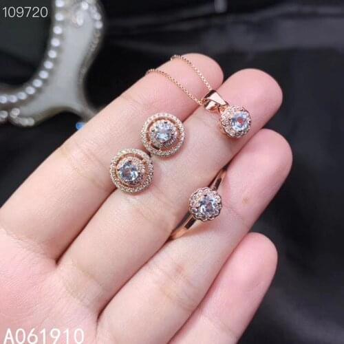 KJJEAXCMY fine jewelry 925 sterling silver inlaid Natural Aquamarine Necklace Ring Earring Set Support detection