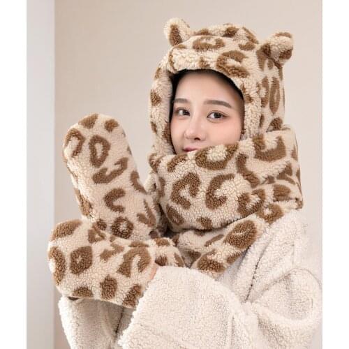 New Women Leopard Cute Bear Hat High Quality Add Fur Lined Ears Winter Hat Wool Knitted Beanie Hats For Women Warm Cap