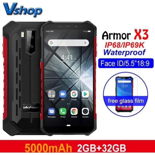 Ulefone Armor X3 Rugged phones Android 9.0 IP68/IP69K Waterproof 2GB 32GB 5.5 inch HD+ 8MP 5000mAh face ID 3G Smartphone