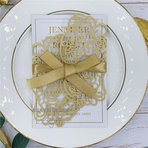 Special Gold Laser Cut Wrap with Bowtie And Customized Insert, Floral Wedding Invitation