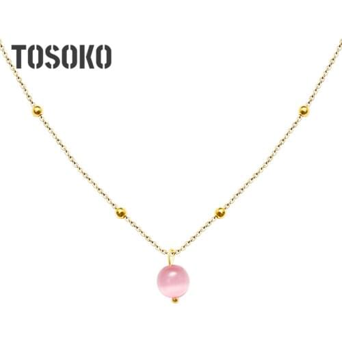 TOSOKO Stainless Steel Jewelry Pink Cats Eye Stone Bag Bead Chain Pendant Necklace Womens Sweet Clavicle Chain BSP457