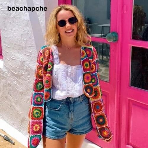 Beachapche Boho Crochet Jacket Sweater Colorful Handmade Floral Knitted Hollow Out Women Jackets Outwear Hippie Ladies Female