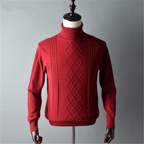 High grade pure cashmere thick knit men fashion argyle turtleneck H-straight wide loose pullover black 6color EUsize S-2XL