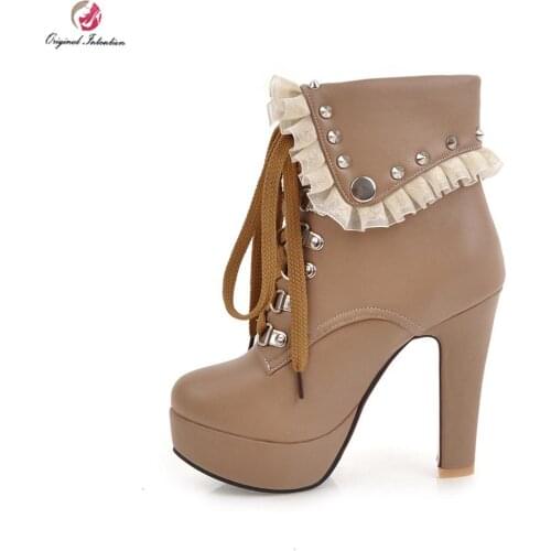 Original Intention Casual Rivet Metal Buckle Ankle Boots Ladies Shoes Round Toe Concise Lace-Up heels Mature Woman Size 4-16