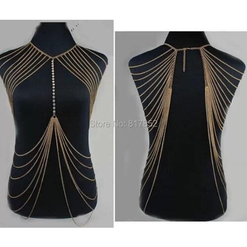 New Style BY424 Women Fashion Chains Jewelry Multi-layers Chains Gold Rhinstone Chains Full Body Jewelry 2 Colors