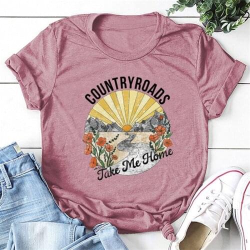 Womens Vintage Harajuku t-Shirts Country Roads Take Me Home Sunshine Graphic Tops Plus Sizes Crewneck Short Sleeve Tees Shirt