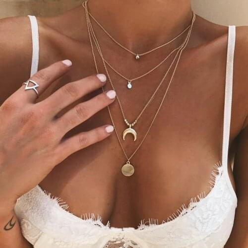 2020 NEW Women Multilayer Pendant necklaces Horn Long Crescent Moon Chain Necklaces Bohemia Jewelry collar collier femme Choker