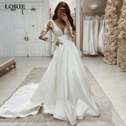 LORIE A Line Lace Wedding Dresses Sexy Boho V-Neck Long Sleeves Satin Wedding Gown Lace Bridal Dress 2021 vestidos de novia