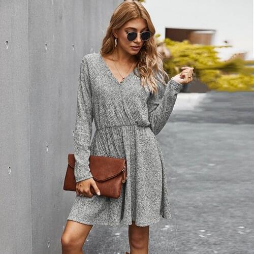 Women V Neck knitted Dress 2021 Autumn Winter Elastic High Waist Office Lady Short Dresses Casual Long Sleeve Solid A-Line Dress