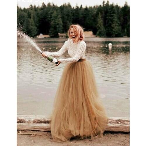 Champagne Tulle Prom Dress Simple A-line Long Sleeves Backless New O-neck Lace Floor Length Evening Dress вечернее платье