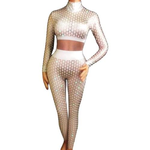 Sparkling Rhinestones Plaid Printing Backless Tights Jumpsuit Long Sleeve Nightclub Dance Show Wear Theatrical Costume For Women