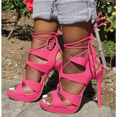 Moraima Snc Big Size Ladies Gladiator Sandals Pink Lace-up Summer Sandals Women Platform Shoes Peep Toe Cutouts Dress Heels