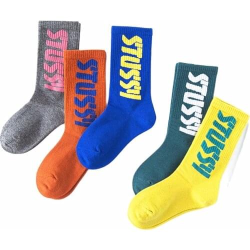 For Children Five Pairs Colors Cotton Spandex Socks With Letters Autumn Winter Thick Sports Socks For Kid Girl Baby Clothing
