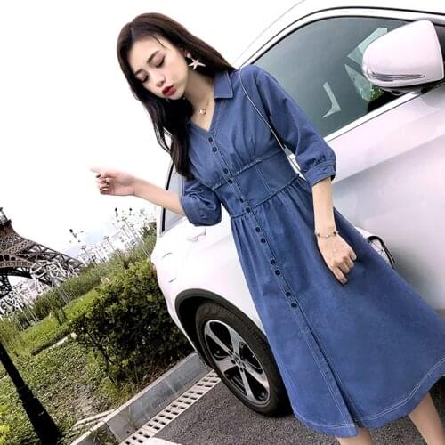 Long Denim Dress V-Neck Casual Three Quarter Sleeve Loose A Line Jean Dresses Women 2019 Spring AA4747