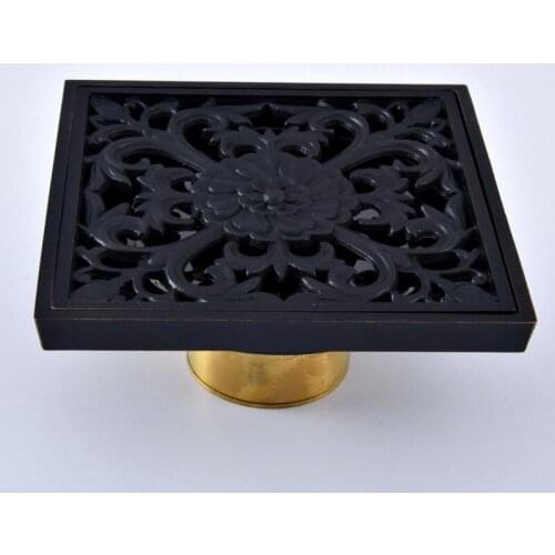 Shower Drains Black Brass Square Bath Drains Strainer Hair Oil Rubbed Bronze Art Carved Bathroom Floor Drain Waste Grate Drain
