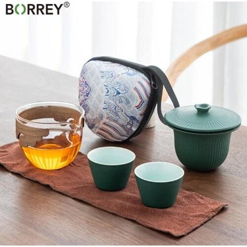 BORREY Ceramic Portable Travel Kung Fu Tea Pot Set One Pot Two Cup Glass Anti-Scald Tea Bowl Outdoor Travel TeaSet Tea Craftsman